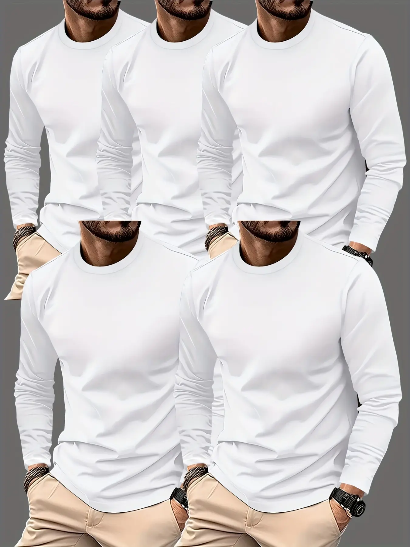 5-Pack Summer Men's Casual Classic Plain Lightweight Long Sleeve Round Neck T-Shirts, Quick-Dry Fabric, Comfortable Wear, Top
