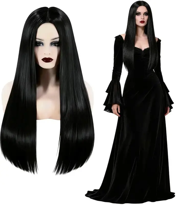 New Synthetic wigs Long Black Wig for Morticia Addams Costume, Cher Costume Halloween Wig for 70s Party  Witch Costume Wig for Women