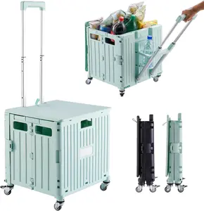 Folding Utility storage Bin Portable Rolling Crate Handcart Shopping Trolley Collapsible Tool Box, with Lid, on 4 Rotate Wheels, for Grocery, Shopping, Office, Camp, Teacher Summevibes