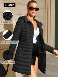 Women's Mid-Length Puffer Coat, Casual Hooded Button Jacket with Pockets, Womenswear Fall & Winter Warm Woven Outerwear, Lightweight Thick Fabric