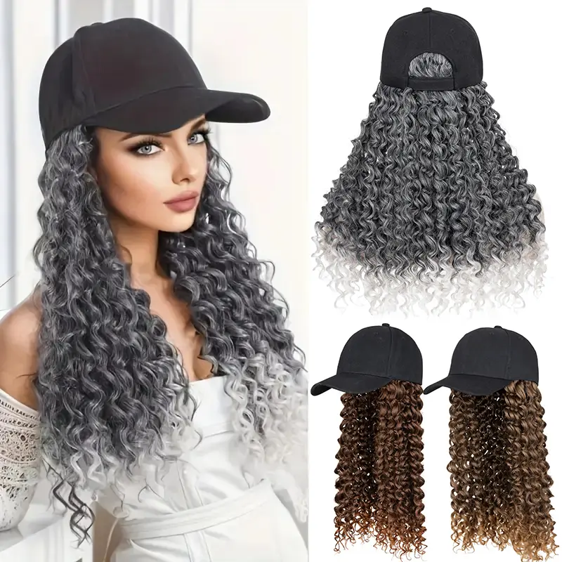 20 Inch Deep Curly Baseball Cap Wigs For Women Extensions Adjustable Wig Hat Attached African Kinky Curly Hairpiece For Woman Hair Heat Resistant Synthetic Fiber Wavy Extensions Extra Thick Hat Wig