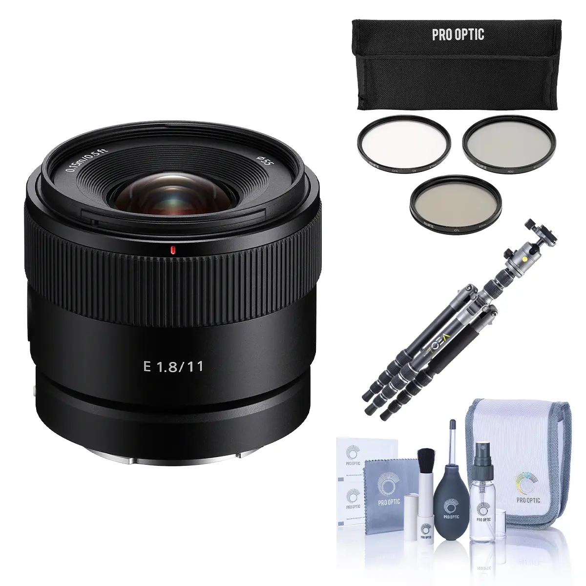 Sony E 11mm f/1.8 Lens for Sony E, Bundle with Vanguard VEO 3 GO 235AB 23mm 5-Section Aluminum Travel Tripod with T-50 Ball Head, 55mm Filter Kit, Cleaning Kit