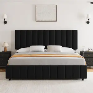 Full Linen Upholstered Platform Bed Frame with 4 Storage Drawers, Adjustable Headboard, Wooden Slats Support, No Box Spring Needed, Black