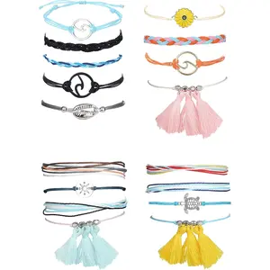 FINREZIO 4 Sets Colorful Boho Surfer Anklet Bracelet Set for Women Men Adjustable Waterproof Wave Turtle Daisy Tassel Anklets Bohemian Summer Beach Foot Jewelry Set Hawaiian Vacation Gift Stackable Boho Ankle Bracelets for Swim Daily Wear