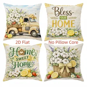 4pcs, Summer Themed Throw Pillow Covers, Summer Floral Vintage Truck Pattern, Yellow Green Rustic Decorative Pillowcases, Suitable Living Room, Bedroom, Sofa and Bed Decoration, 2D Flat, Single Sided Printing, No Pillow Core