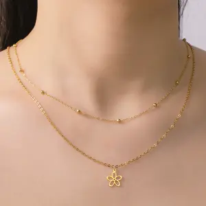 Cazador Flower Sakura Pendant Necklace for Women Girls Stainless Steel Double Chain 2026 Jewelry Wedding Birthday Gift Wholesale