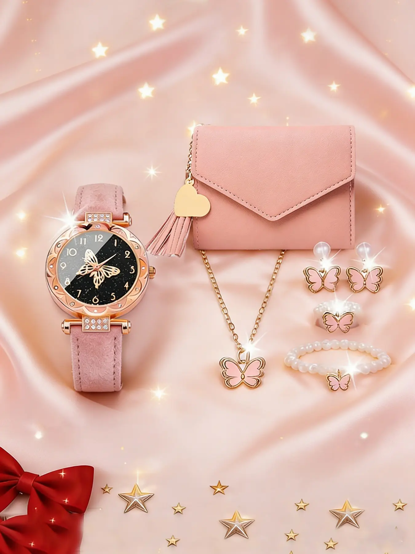 Women's Quartz Watch Set, Trendy Watch Set, Butterfly Pattern Round Case, PU Leather Strap, Includes Bracelet, Necklace, Earrings, Ring, Wallet, Fashionable Jewelry Set