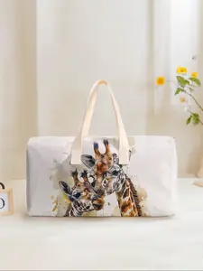 Large Capacity Corduroy Travel Duffle Bag Luggage Backpack, Giraffe Pattern Printed, Casual Yoga Fitness Handbag, Short Trip Storage