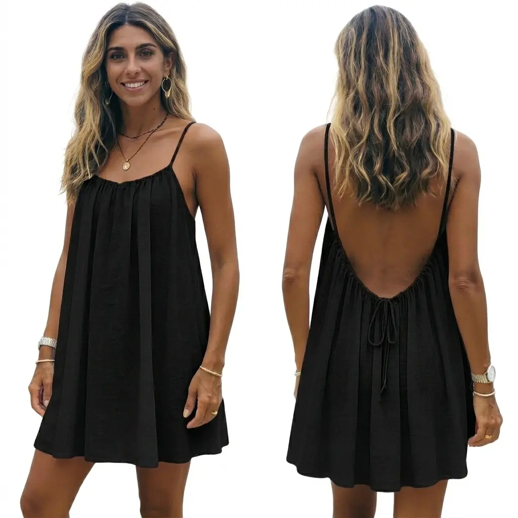 New Solid Backless Spaghetti Strap Short Dress, Ladies Casual Comfy Classy Loungewear Dress, Loose Casual Home Wear, Sleeveless Style Womenswear, Comfortable Fit, Perfect for Daily Use Casual Dresses Black