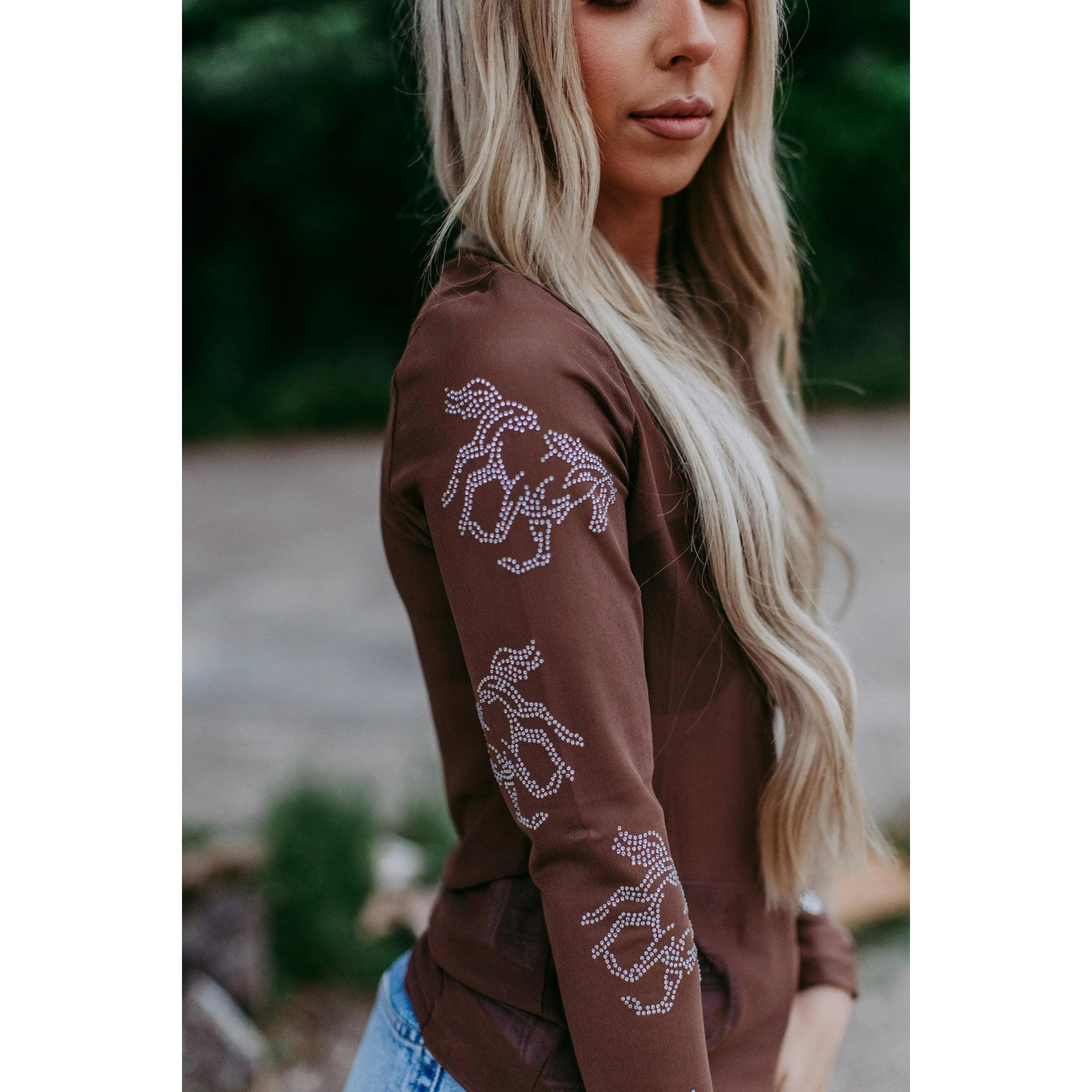 Women's Mesh Top, Western Longsleeves with Rhinestone Embellishment and Horse Print Design, Brown Cowgirl Casual Wear