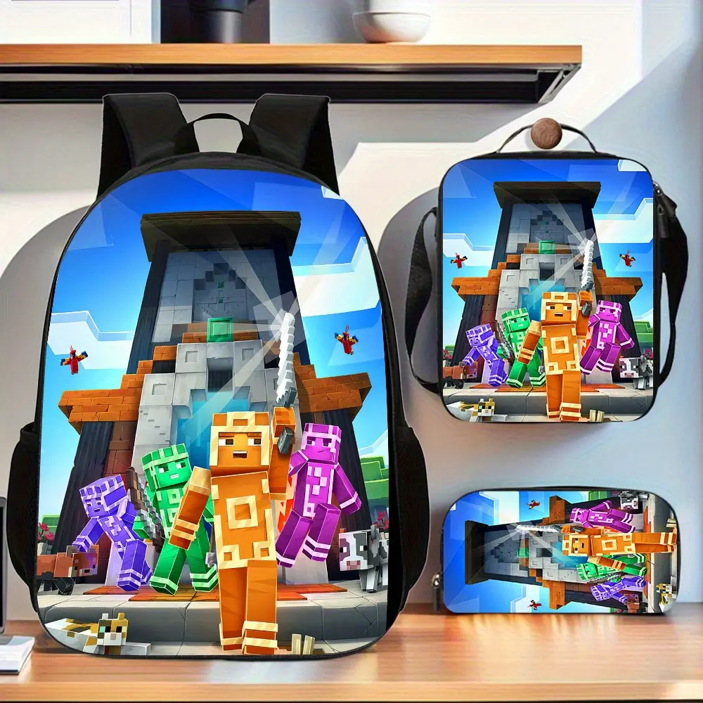 Gamer Pixel Print Backpack Set for Kids, 3-Piece Oxford Cloth School Bag with an Insulated Lunch Bag, Pencil Case & Adjustable Straps, Zipper, Top Handle, Vibrant, Gamers, School/Outdoor, 3-Piece Set, Campus Life, Blocky Adventure Backpack