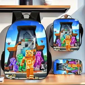 3Pcs Minecraft Adventure Print Backpack Set Durable 600D Oxford Cloth School Bag Insulated Lunch Box & Pencil Case Combo Adjustable Breathable Strap Large Capacity Fits 15in Laptop for Kids Teens School Travel Outdoor Use