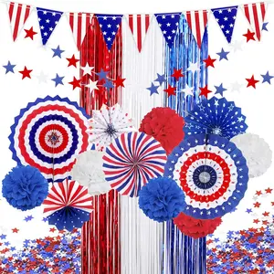 Movinpe 4th of July Patriotic Party Decorations Set American Flag Hanging Paper Fans PomPoms Flowers Foil Fringe Curtain Star Streamers USA Pennant Bunting Independence Day Party Supplies