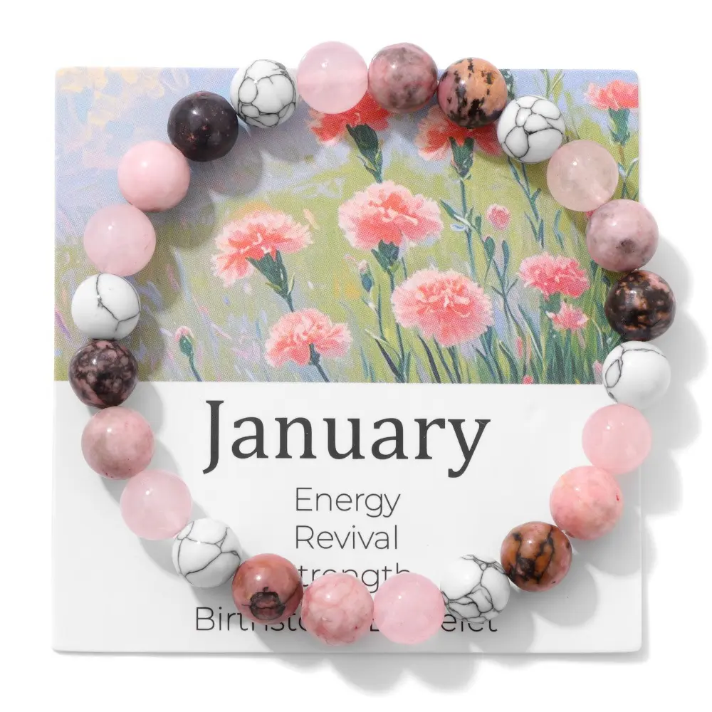 Unisex Purity Focus April Birthstone Stackable Bracelets Set - 6pc 8mm Stretch Beaded Flower Design Bracelets, Birth Month Flower Stones, Elegant Minimalist Gift for Men & Women, Flower Design Bracelet