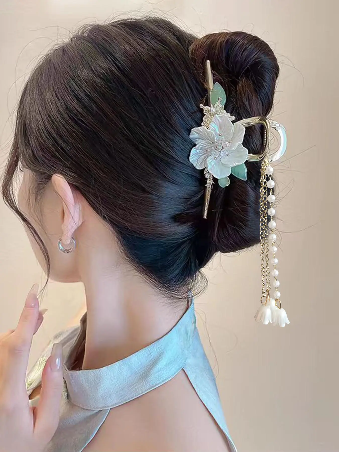 Elegant Flower & Rhinestone Decor Hair Claw, Exquisite Tassel Design Hair Claw, Fashion Hair Accessories for Women & Girls, Flower Hair Clip, Wedding Hair Decor, Claw Hair Clips, Decorative Hair Clips, Hairclips