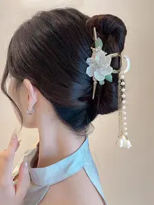 Elegant Flower & Rhinestone Decor Hair Claw, Exquisite Tassel Design Hair Claw, Fashion Hair Accessories for Women & Girls, Flower Hair Clip