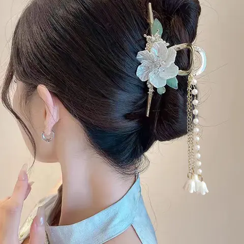 Elegant Flower & Rhinestone Decor Hair Claw, Exquisite Tassel Design Hair Claw, Fashion Hair Accessories for Women & Girls, Flower Hair Clip, Wedding Hair Decor, Claw Hair Clips, Decorative Hair Clips, Hairclips