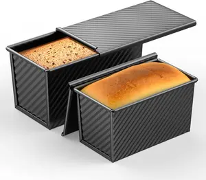 2 PCS Pullman Loaf Pan with Lid, 1Lb & 1/2 Lb Dough Capacity Bread Loaf Pans, Non-stick Coating, Carbon Steel Bread Mold, Bread Container, Toast Mold for Bakeware, Sandwich & Toast Oven Baking, Black