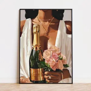 Luxury Black Girl Art Print, Black Woman Flower Art, Champagne Poster, Print Floral Art