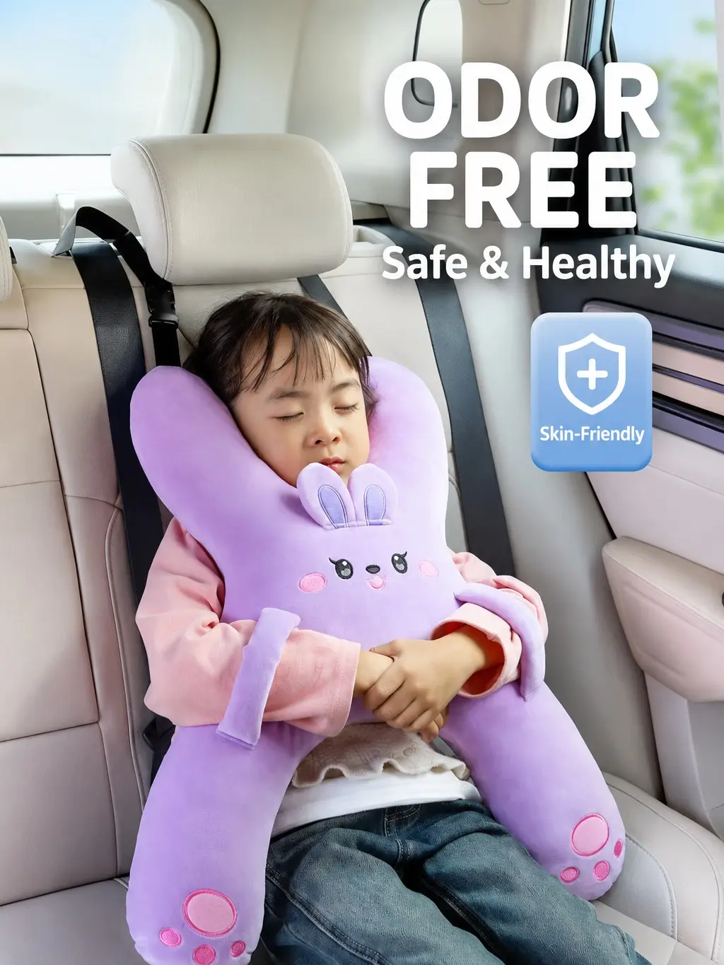 Kids Car Travel Pillow, H-Shaped Soft Plush Head & Neck Support Cushion with Adjustable Strap, Washable Cute Animal Nap Pillow for Toddlers, Road Trips & Backseat Travel