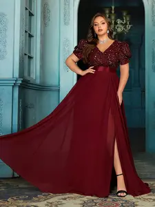 Women's Plus Size Burgundy Sequin Chiffon Formal Evening Gown - V-Neck, Puff Sleeve, High Slit Maxi Dress for Wedding Guest, Prom