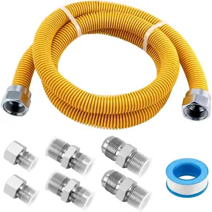 48" Flexible Gas Line Kit Yellow Coated, Gas Hose Connector Kit for Dryer, Stove, Water Heater,5/8" OD(1/2" ID) Stainless Steel Gas Line with Connector 1/2" MIP &1/2"FIP & 3/4"MIP Fitting