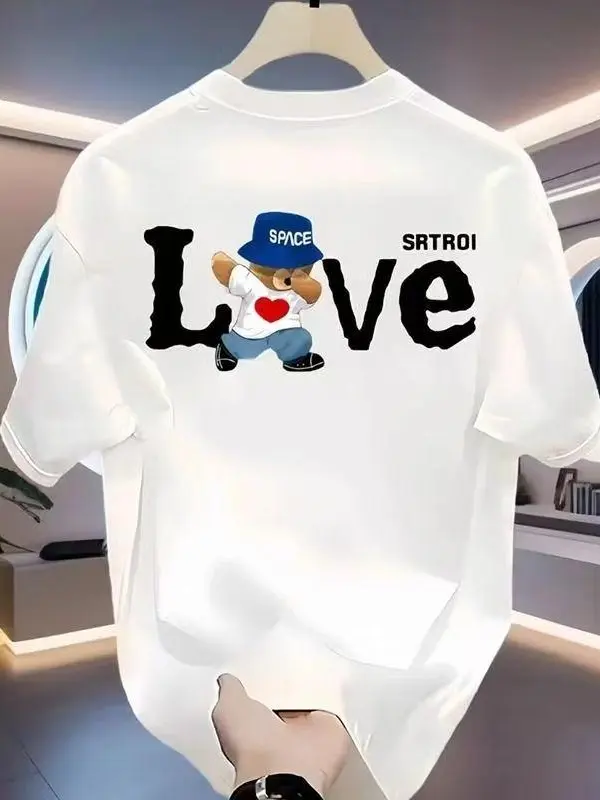 Women's Baggy Oversized Printed Short-Sleeve T-Shirt - Cute "LOVE" Teddy Bear, Punk Music Note Graphics, Elastic Casual Fabric, Kawaii Trendy Tunic for TikTok Shop Spring Glow-Up, Summer Wins, Shortsleeve, Cotton, Lady, Streetwear, Tshirt, Graphic Print,