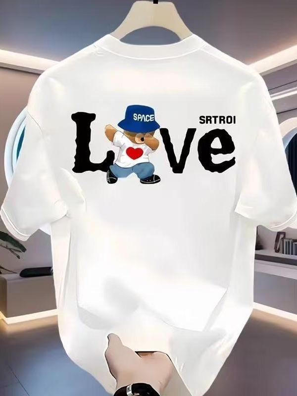 Women's Soft Cotton Casual Loose-Fit Crew Neck Short-Sleeve T-Shirt - Elastic Fabric, Punk Cute "LOVE" Teddy Bear, Music Note Graphics, Normal Type, Fashion Business Kawaii Streetwear Tunic Top for Beach, Summer - Machine Wash, Do Not Bleach by Sohochic