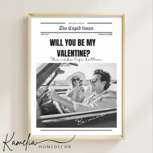 Valentines Day Cupid Poster Unframed, Custom Newspaper Poster Gift For Her Girlfriend Wife, Editable Valentine Poster Love Story, Will You Be My Valentine Romantic Gift