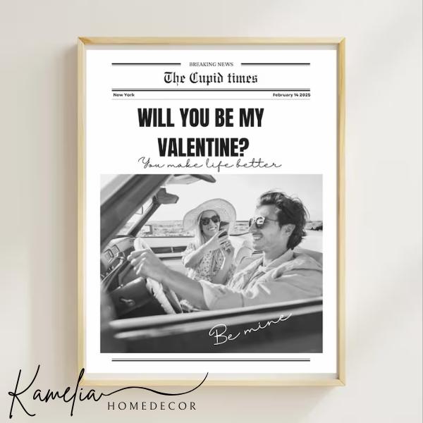 Valentines Day Cupid Poster Unframed, Custom Newspaper Poster Gift For Her Girlfriend Wife, Editable Valentine Poster Love Story, Will You Be My Valentine Romantic Gift