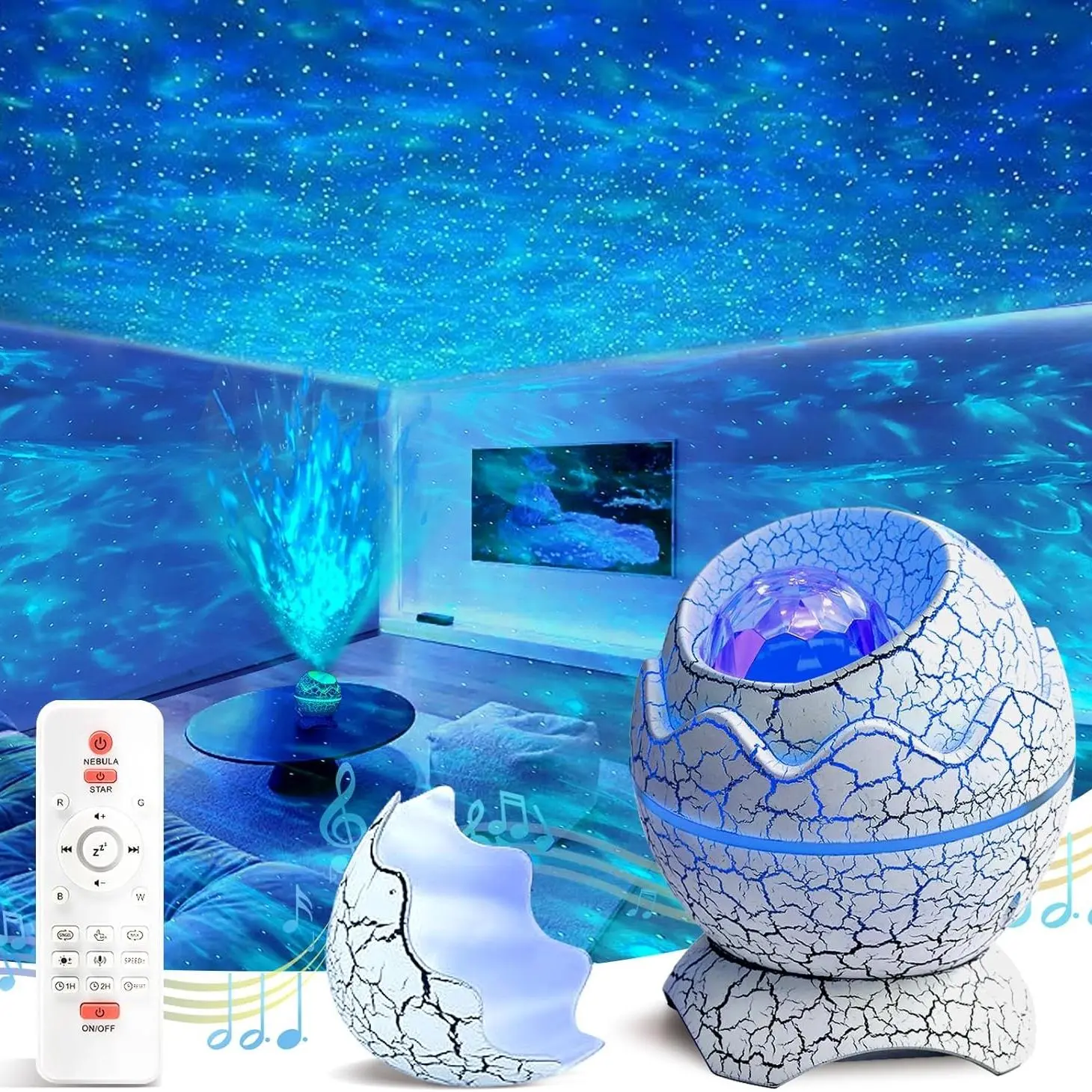 4 in 1 Northern Projector Lights, USB Powered Dinosaur Egg Aurora Star Projector Night Light, Wireless Music Player Novelty Lighting for Home Decor