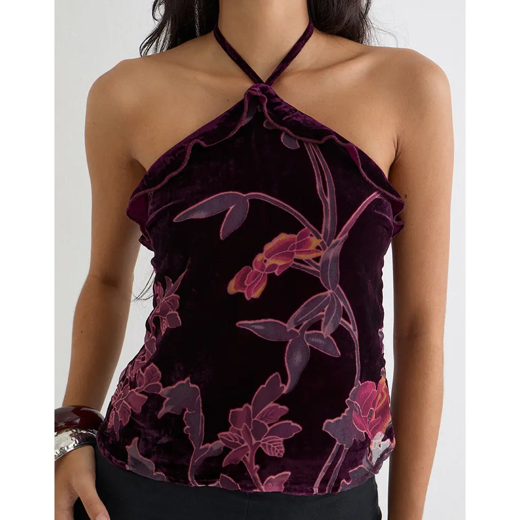 MOTEL   Fiorella Women's Bohemian Sleeveless Top, Casual Floral Devoré Halter Style with a Frill Neckline and Open Back