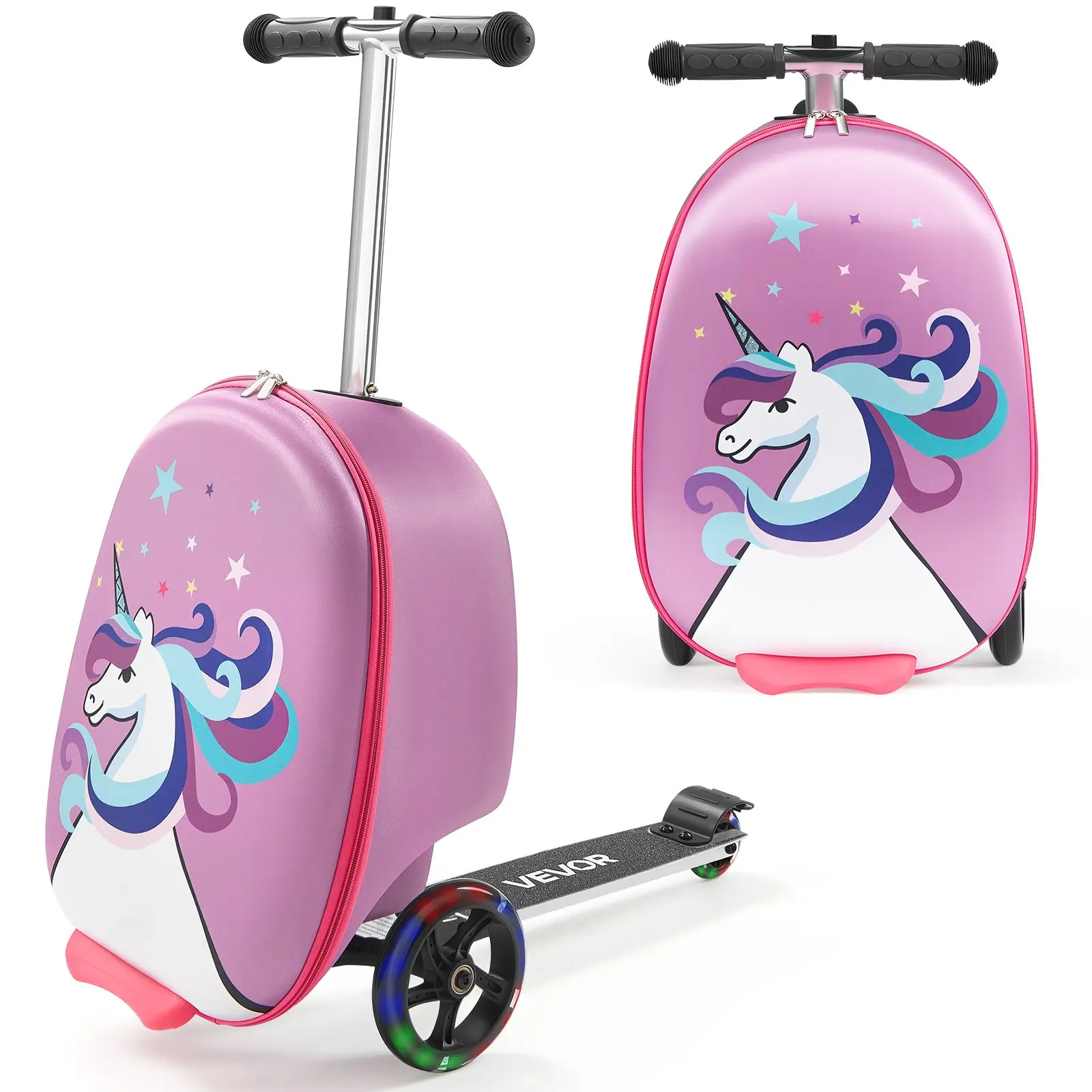 【Summerfinds】VEVOR Kids Ride-On 20 Inch Lightweight Luggage/Trolley Bag, 20L Capacity, Scratchproof EVA Shell, 210D Polyester, Flash PU Wheels, Adjustable Handle, TPR Non-Slip Grip, Foldable, Zip Closure, for Ages 5+ (Purple)