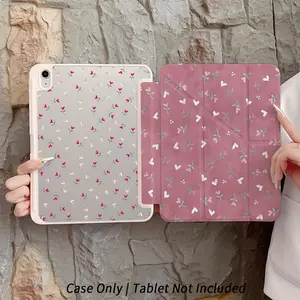Pink heart floral pattern, with adjustable stand and pen slot, foldable anti slip Y-fold TPU protective case, suitable for Samsung, iPad mini, iPad Air, iPad Pro/iPad 10th generation, 11th generation and other series of iPad protective cases