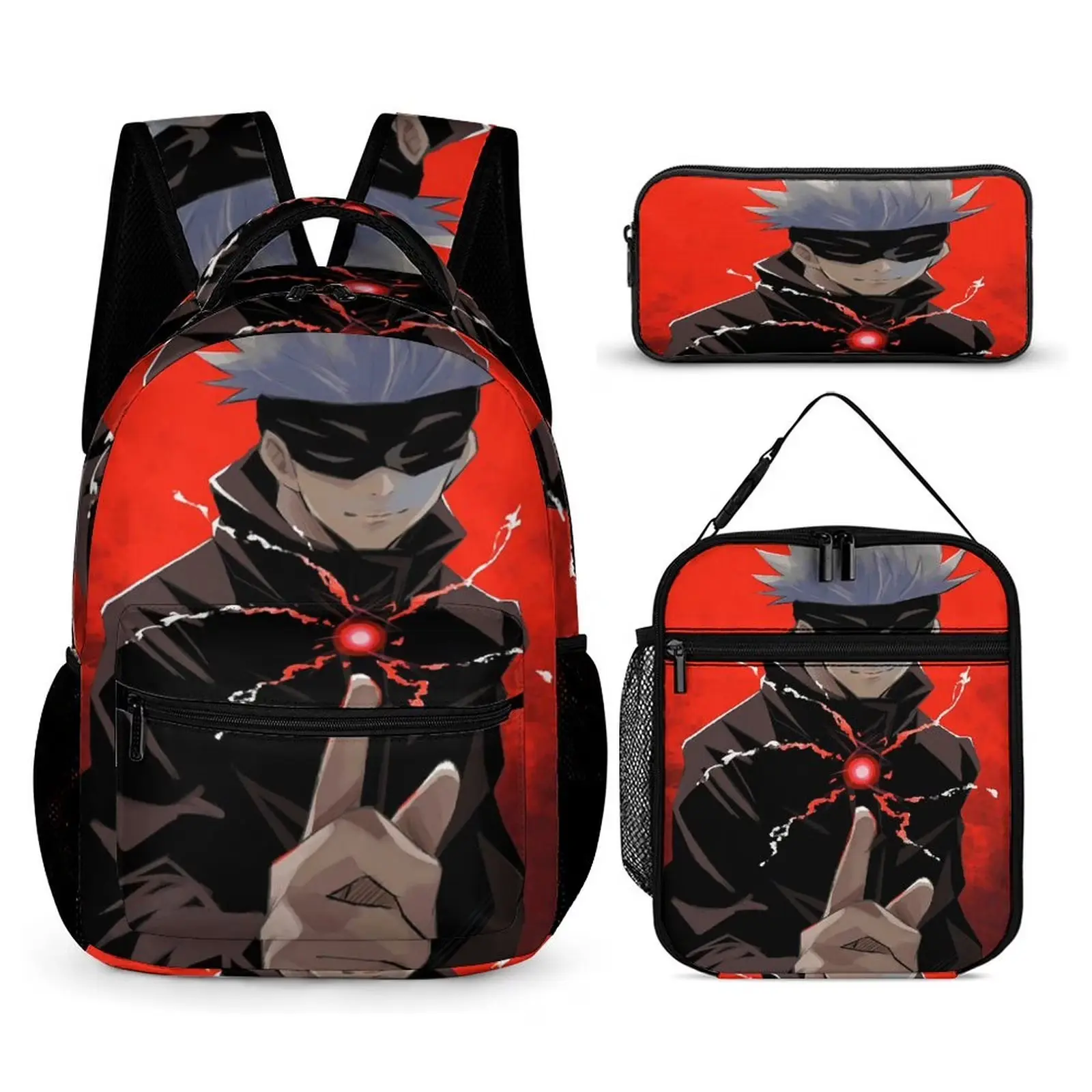 Jujutsu Backpack Kaisen Gojo 17 Inch 3 Piece Set with Insulated Lunch Bag and Pencil Case, Bookbag Laptop Backpack Cartoon Durable Lightweight Casual Backpack