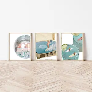 Coastal Groove Blue Set of 3  disco beach surf print, retro summer, trendy coastal aesthetic, beach, funky collage art - No Frame