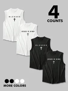 Men's "Blessed & Jesus Is King" Graphic Round Neck Tank Top, 4-Pack Regular Fit Casual Sleeveless Crew Neck Vest for Summer Daily & Outdoor Wear