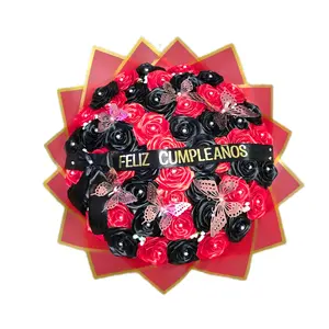 Happy Birthday Bouquet 50 Red and Black Roses with 'Feliz Cumpleanos' Ribbon and Butterfly Elegant Design Perfect Gift for Any Special Occasions