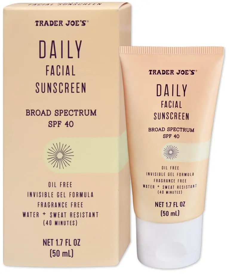 Trader Joe’s Daily Facial Sunscreen Broad Spectrum SPF 40 Oil Free Invisible Gel Formula Fragrance Free Water Sweat Resistant, 1.70 Fl Oz (Pack of 1) Skincare Aloe