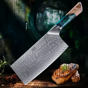FINDKING 7 Inch Cleaver Knife, 67 Layers 10Cr15CoMoV Damascus Steel, Chinese Kitchen Chef Knives, Razor-Sharp Blade, Resin and Figured Sycamore Handle Handle, Full Tang, Nebula Series, Blue and Red ,Cutting for Meat,Vegetable,Fruit