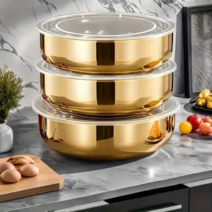 Golden Stainless Steel Mixing Bowl, Kitchen Bowls Featuring a Lid - Resistant to Rust, Designed Deep And Wide for Kneading Dough, Washing Vegetables, And Making Soups - Safe for Dishwashers, Reusable for Dining, with a Sturdy Build