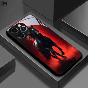 Glass Smartphone Protective Case - Cool Red Flame Design, Black Horse Design, Phone Accessory for iPhone 17,16,15,14,13,12,11 Plus Pro Max Series with Protection