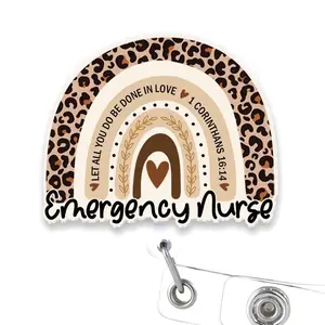 Emergency Nurse Christian Rainbow Leopard Badge Reel, Retractable ID Holder with Swivel Clip, Faith ER Nurse Work Badge Accessory T5C