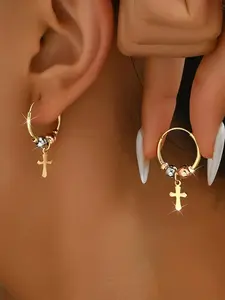 Bohemian Style Cross Earrings for Women, Fashionable Simple Design, Perfect for Daily Wear and Parties, Versatile Jewelry Accessory, Studded Cross Earrings, Hoop Earrings