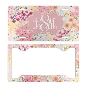 Pink Floral Monogram License Plate Frame Set, Custom Garden Flower Car Tag, Personalized Initial Car Decor, Cute Gift for Her