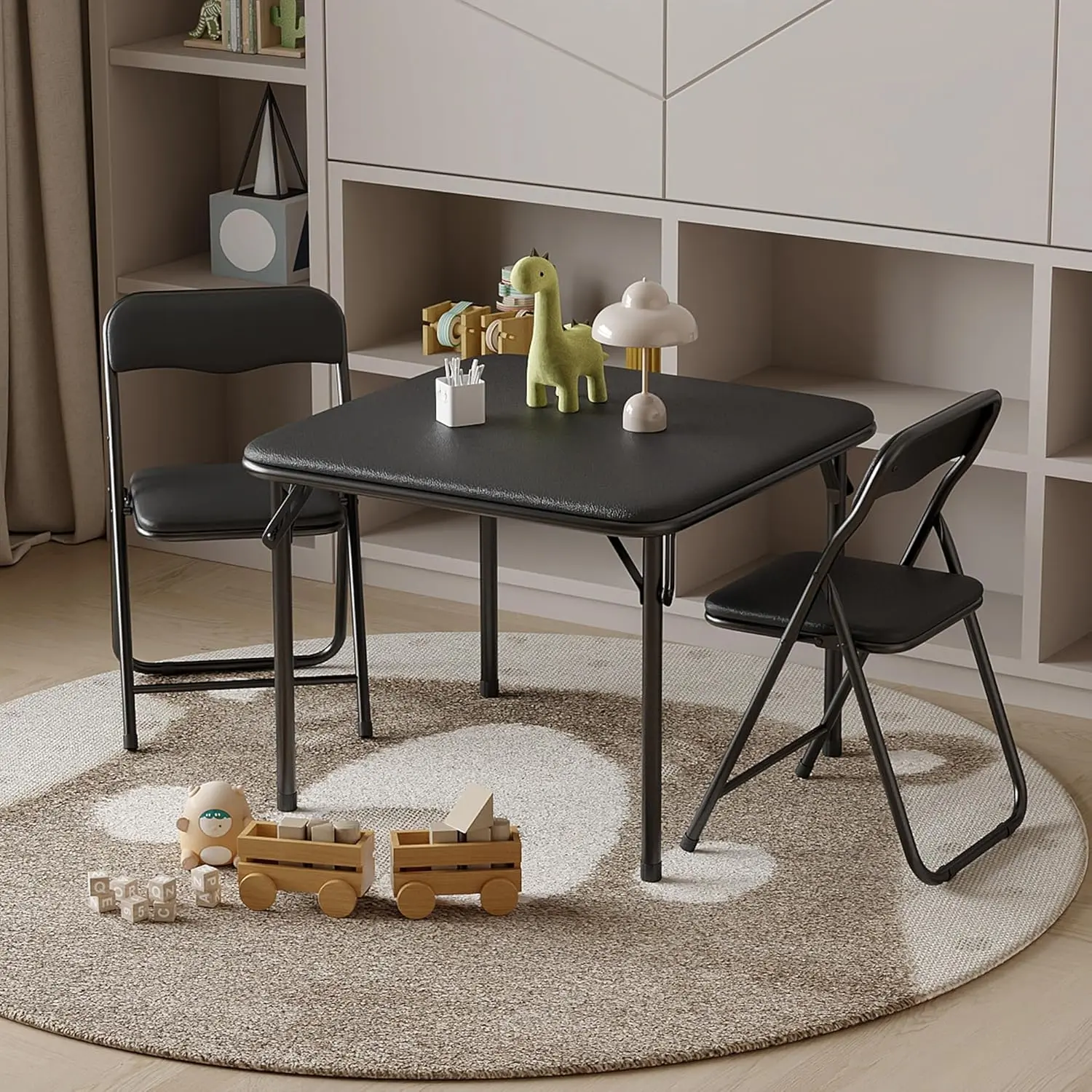 Black 3-Piece Compact Modern Foldable Square Indoor Dining Room Set - Ergonomic Stable Kitchen Table Set, Portable Table, Foldable Chairs with Soft PU Cushions, Seats 2, No Assembly Required, Ideal for Eating, Reading
