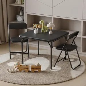 Black 3-Piece Folding Square Table and Chair Set, Featuring a Portable Table and Chairs with Ssoft Pu Cushions. No Assembly is Required, Perfect for Eating, Reading, and Playing