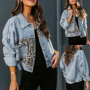 Cross-border autumn and winter  denim jacket women's long sleeve   European and American denim jacket coat women's leopard print stitching