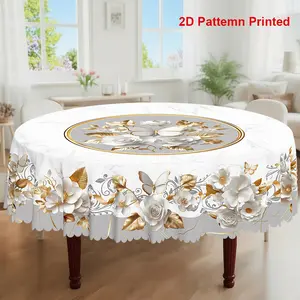 1pc, Spring Summer Themed Party Tablecloth, Luxury Butterfly Rose Floral Printed Design, Rectangular/Round/Oval Table Cloth, Embossed Edge, Washable Table Cover, Suitable For Indoor Outdoor Dining Picnic Dinner Dining Room Decoration