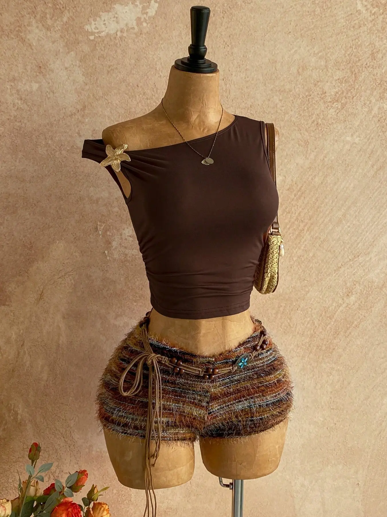 Elegant Bohemian Crochet Knit Asymmetric Cutout Back Brown Two-Piece Set Outfit Top for Women, Casual Beach Wedding Guest Dress, Perfect for Easter, Music Festivals and Summer